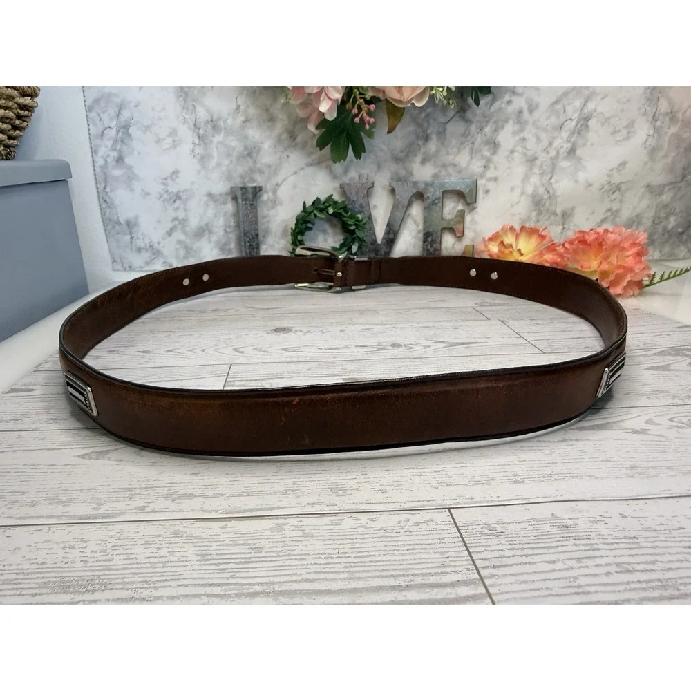 Vintage Brown Silver Tone Buckle Mens Belt Top Grain Leather Size 42 Fits to 44